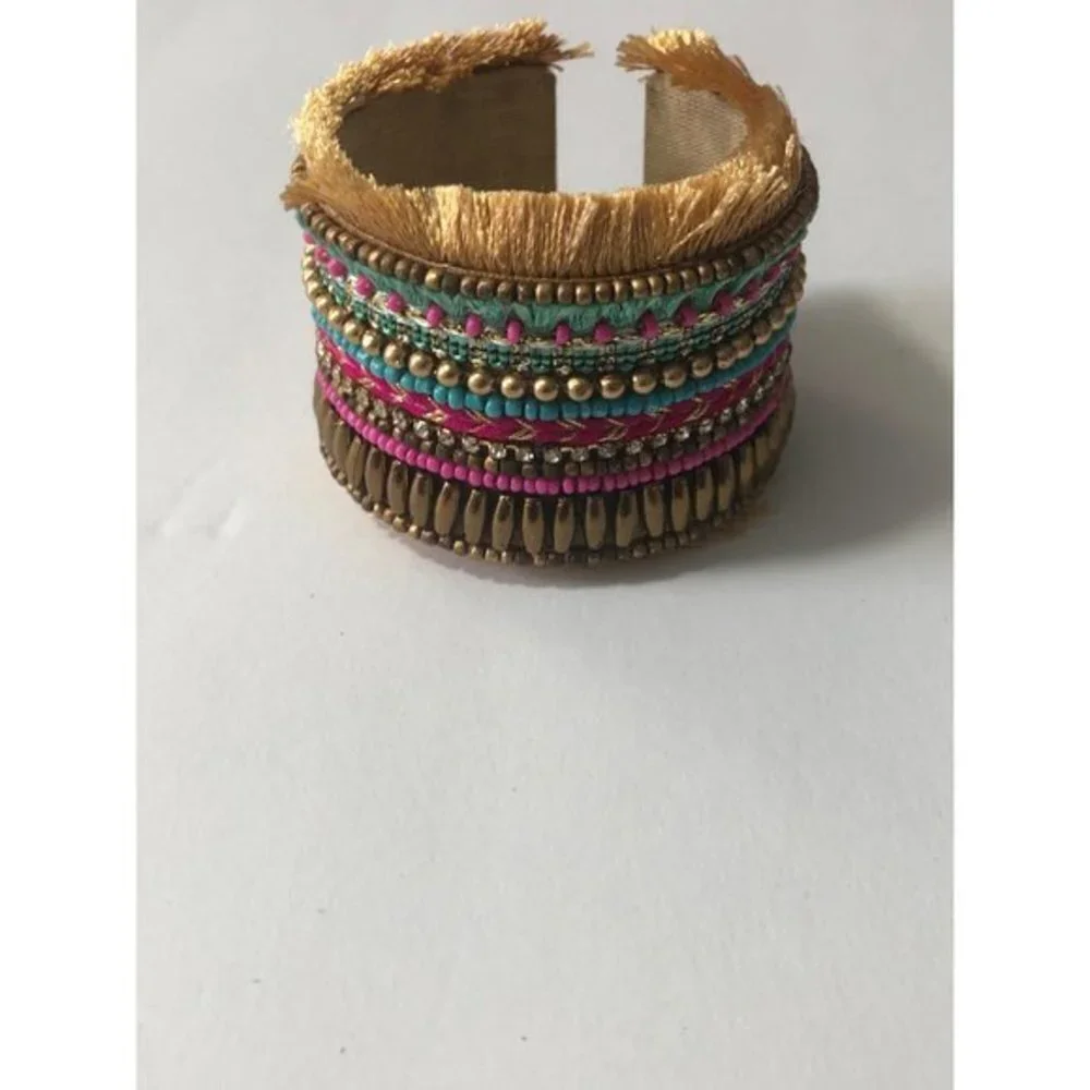 Artsy Cuff Bracelet‎ Women OS Gold Pink Teal Boho Fringe Statement India